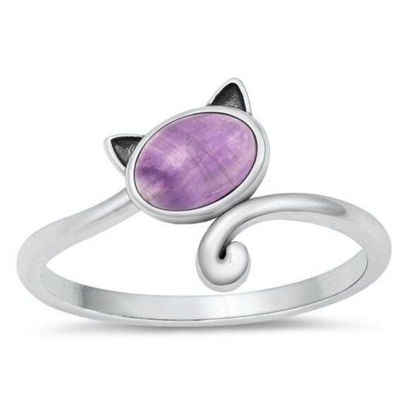 Sterling Silver 925 Oval Amethyst Cabochon Kitty Cat Band Ring Size 7 Cat Lover - Picture 1 of 16
